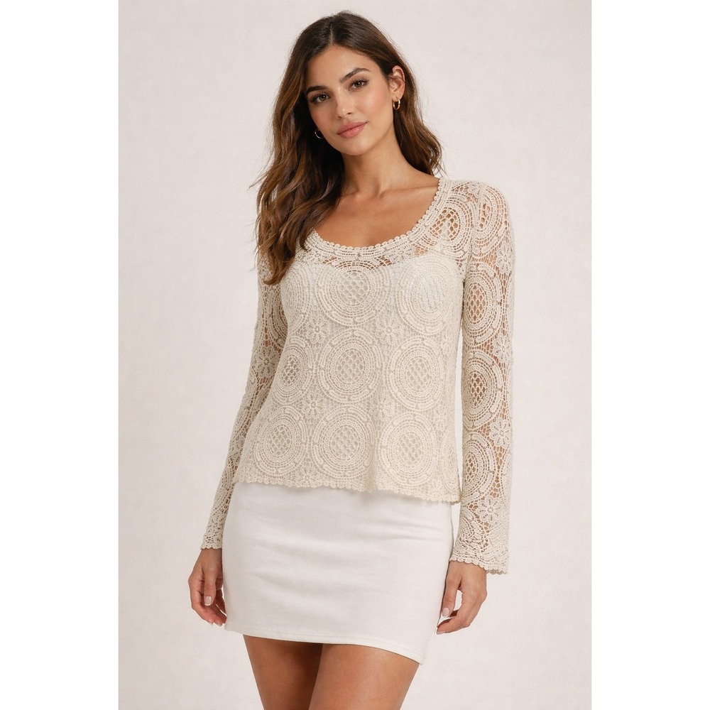 Anthropologie Solitaire Boho‎ Crochet Long Sleeve Open Weave Size M Cream Cotton